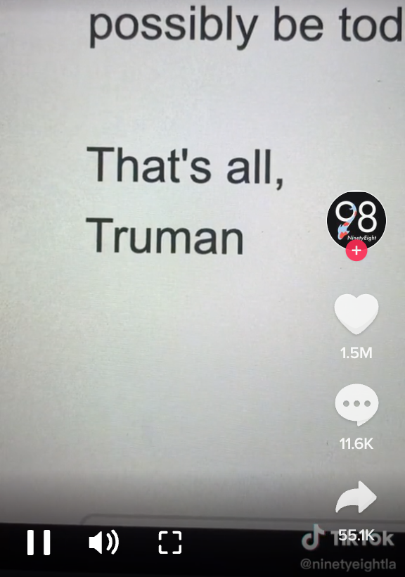 a screenshot of a tiktok of email signoffs, reading 'That's all, Truman'